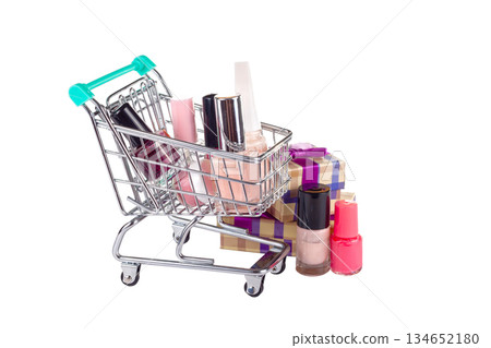 Shopping cart filled with cosmetic products Shopping cart filled with cosmetic products 134652180