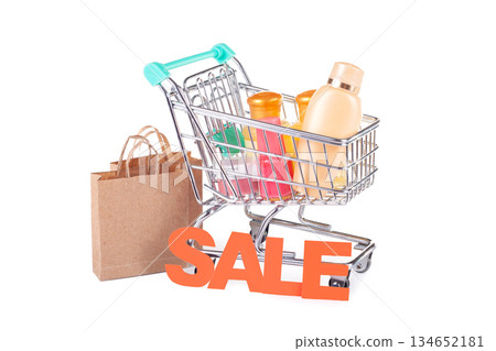 Shopping cart filled with cosmetic products Shopping cart filled with cosmetic products 134652181