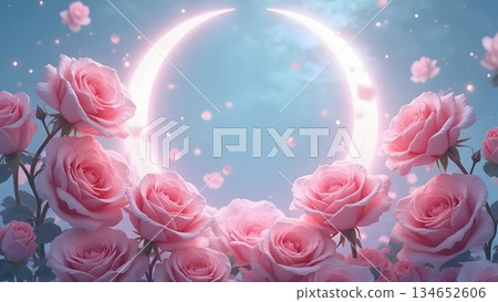 Pink Roses With Scenery Pink roses and crescent moon night scenery - Stock Illustration ...