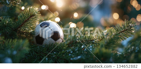 Soccer Ornament Amid Pine Needles with Soft Focus Lights in Cozy Atmosphere 134652882