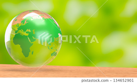 Transparent Green Earth Globe on Wooden Surface with Fresh Eco Background 3d render. Transparent Green Earth Globe on Wooden Surface with Fresh Eco Background 3d render. 134652901
