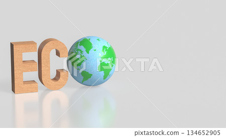 Eco Concept with Wooden Letters and Green Earth Globe on Clean Background 3d render. Eco Concept with Wooden Letters and Green Earth Globe on Clean Background 3d render. 134652905