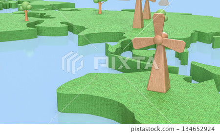 Renewable Energy Landscape with Wooden Wind Turbines 3d render. Renewable Energy Landscape with Wooden Wind Turbines 3d render. 134652924