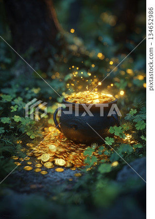 Magical Pot of Gold with Glowing Coins in Enchanted Forest Setting 134652986