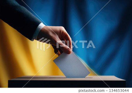Voting Scene with Ukrainian Flag and Ballot Box Voting Scene with Ukrainian Flag and Ballot Box 134653044