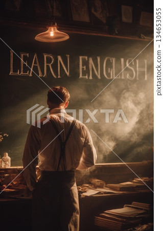 Teacher Preparing Classroom with Chalkboard Message "Learn English" Teacher Preparing Classroom with Chalkboard Message "Learn English" 134653055
