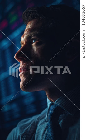 Dramatic Portrait of Market Analyst with Blue Data Reflections Dramatic Portrait of Market Analyst with Blue Data Reflections 134653057
