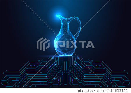 Digital objects, smart appliances and tech design concept with glowing jug above circuit board. Digital objects, smart appliances and tech design concept with glowing jug above circuit board. 134653191