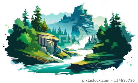 A captivating watercolor artwork depicts the wild beauty of a random scene, emphasizing the contrast between the imposing sandstone cliffs, the deep green forests, and the clear, flowing Elbe River. 134653786