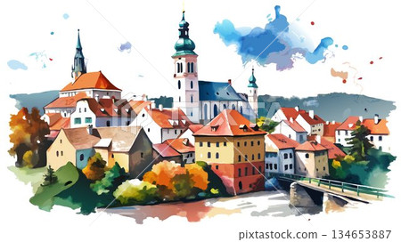 A loose and fluid watercolor painting evokes the historic atmosphere, the picturesque streets, and the captivating beauty of a random scene from Cesky Krumlov, Czech Republic. 134653887