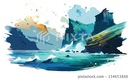 A loose and fluid watercolor painting evokes the powerful sea, the dramatic cliffs, and the resilient spirit of a random scene from Sweden's High Coast. 134653888