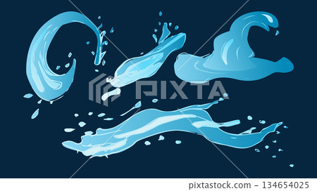 Dynamic liquid water splash with falling droplet, crashing sea wave and swirling eddies. For advertising web design or marketing visuals. Vector illustration. Dynamic liquid water splash with falling droplet, crashing sea wave and swirling eddies. For advertising web design or marketing visuals. Vector illustration. 134654025