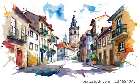 A loose and fluid watercolor painting evokes the historic atmosphere, the picturesque streets, and the captivating beauty of a random scene from Guimaraes, Portugal. A loose and fluid watercolor painting evokes the historic atmosphere, the picturesque streets, and the captivating beauty of a random scene from Guimaraes, Portugal. 134654043