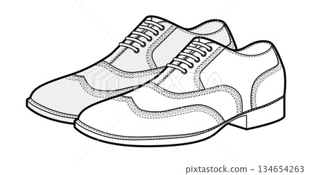 Brogue mens lace shoes sketch pair. Perforated leather footwear with classic wingtip detail smart casual office style 134654263