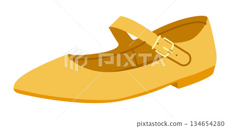 Yellow Mary Jane flat shoe women flat. Strap front pointed toe footwear for spring outfit playful wardrobe. Technical  134654280