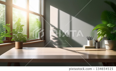 Bright Minimal Workspace With Green Plants And Sunlit Window. 134654515