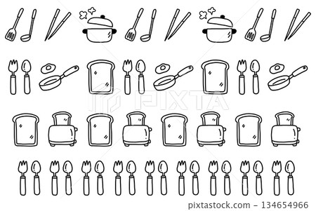 Set of four monochrome decorative lines of hand-drawn kitchen tools Set of four monochrome decorative lines of hand-drawn kitchen tools 134654966