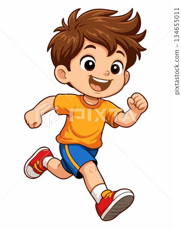 Cheerful vector illustration of a cartoon boy running with a happy expression. 134655011