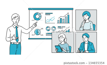 Illustration of a business team giving an online presentation (created by AI) 134655354