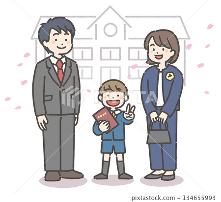 一個笑容燦爛的男孩和他的家人在漫天飛舞的櫻花花瓣中，手捧畢業證書。 134655993