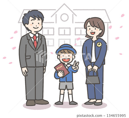 A boy in a uniform and his family smile as they hold their graduation certificates amid a flurry of cherry blossom petals 134655995