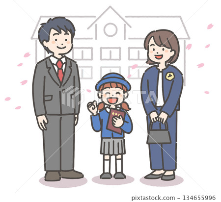 A smiling girl in a uniform and her family holding a graduation certificate amid a flurry of cherry blossom petals 134655996