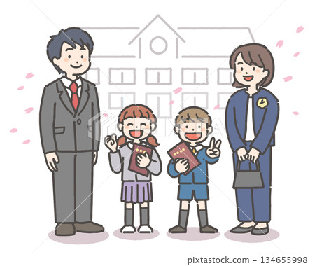 在漫天飛舞的櫻花花瓣中,一對幼兒園小朋友和他們的家人面帶微笑,手中拿著畢業證書。 在漫天飛舞的櫻花花瓣中,一對幼兒園小朋友和他們的家人面帶微笑,手中拿著畢業證書。 134655998