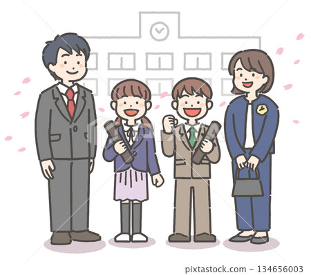 笑容燦爛的小學生男女生與家人手捧畢業證書，周圍櫻花花瓣漫天飛舞。 134656003