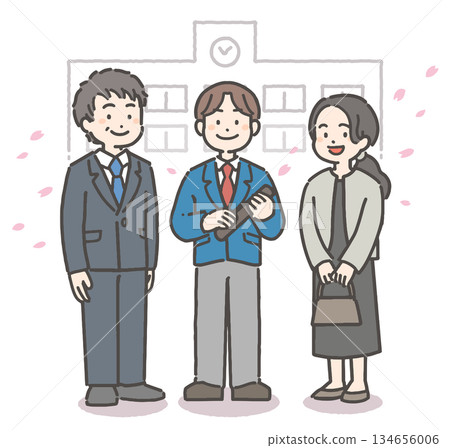 笑容燦爛的國高中男生和他們的家人手捧畢業證書，周圍飄落著櫻花花瓣。 134656006