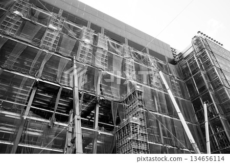 Huge building under construction and crane b-4 monochrome Huge building under construction and crane b-4 monochrome 134656114
