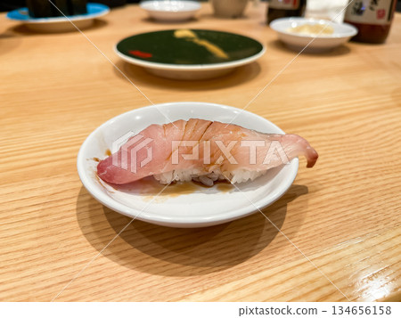 Japanese sushi. Fresh yellowtail nigiri sushi. 134656158