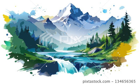 A loose and fluid watercolor painting evokes the untamed wilderness, the breathtaking scenery, and the abundant natural beauty of a random scene from Switzerland's Swiss National Park. 134656365