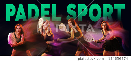 Padel sport players showcasing skills and techniques in dynamic poses 134656574