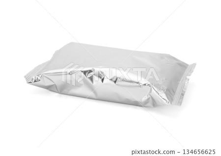 Blank silver foil snack packaging bag mockup isolated on a white background 134656625