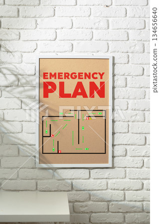 Emergency plan poster showing evacuation routes in a clear and simple layout Emergency plan poster showing evacuation routes in a clear and simple layout 134656640