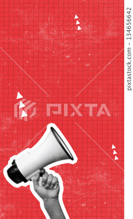 Hand holding a megaphone against a bright red background with geometric shapes Hand holding a megaphone against a bright red background with geometric shapes 134656642