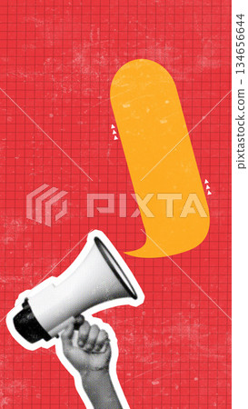 Creative hand holding megaphone with speech bubble on red background for graphic design 134656644
