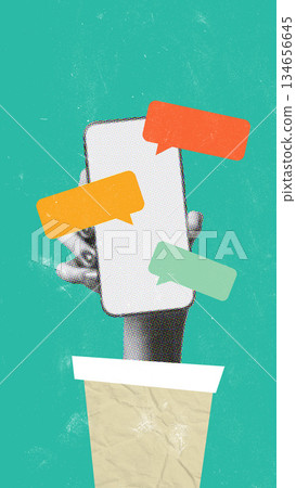 Hand holding smartphone with colorful chat bubbles against bright teal background Hand holding smartphone with colorful chat bubbles against bright teal background 134656645