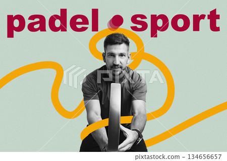 Padel sport player prepares for a game with his racket and focused expression Padel sport player prepares for a game with his racket and focused expression 134656657