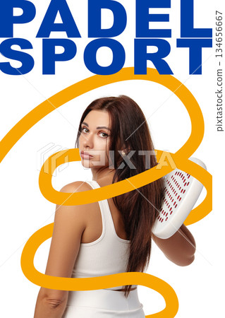 Woman holding padel racket with confident stance in sporty attire while promoting padel sport Woman holding padel racket with confident stance in sporty attire while promoting padel sport 134656667