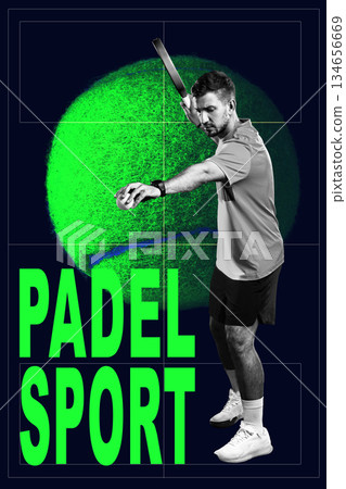 Dynamic padel player prepares for action on the court against a vivid green background Dynamic padel player prepares for action on the court against a vivid green background 134656669