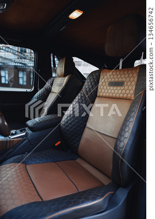 Luxurious leather car interior with hexagonal pattern in a modern vehicle 134656742