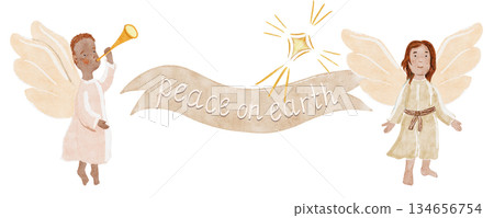 A pair of gentle watercolor angels with soft cloud-white ribbon with elegant Peace on earth lettering, with warm accents textures, perfect for Christmas cards, decor, inspirational holiday designs. A pair of gentle watercolor angels with soft cloud-white ribbon with elegant Peace on earth lettering, with warm accents textures, perfect for Christmas cards, decor, inspirational holiday designs. 134656754