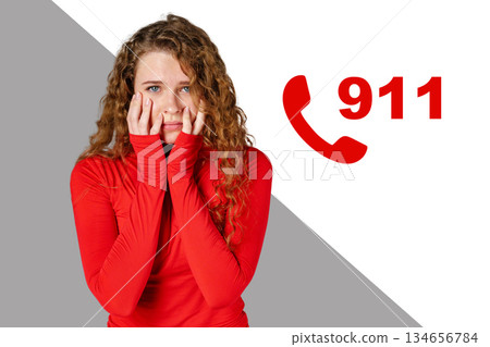 Woman shows concern while holding her face in a red top with emergency number displayed 134656784
