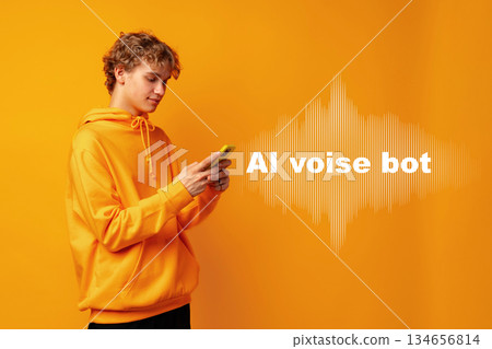 Young person using smartphone against a bright yellow background with sound waves Young person using smartphone against a bright yellow background with sound waves 134656814