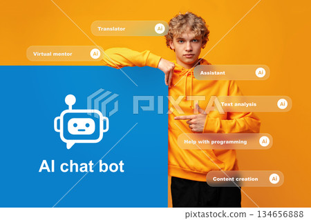 Young person points at blue board with AI chat bot text on bright background Young person points at blue board with AI chat bot text on bright background 134656888