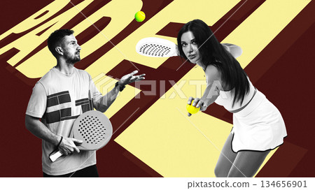 Tennis players preparing for a match at a vibrant indoor court setting 134656901