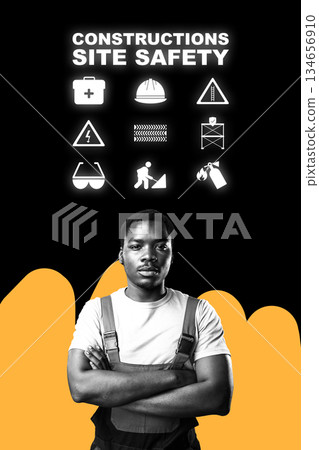 Construction worker promoting safety protocols at a construction site in bright colors 134656910
