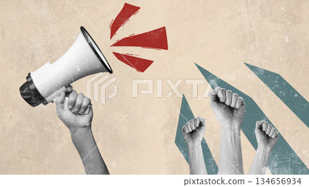 Activism and voices united in a call for change with raised fists and a megaphone Activism and voices united in a call for change with raised fists and a megaphone 134656934