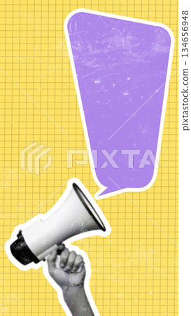 Hands hold a megaphone with a speech bubble on a bright yellow background 134656948